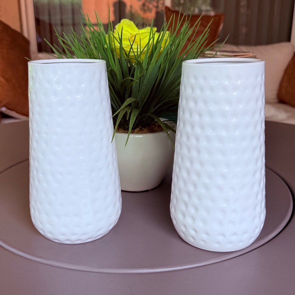 White Textured Hammered Enamel Vase Set